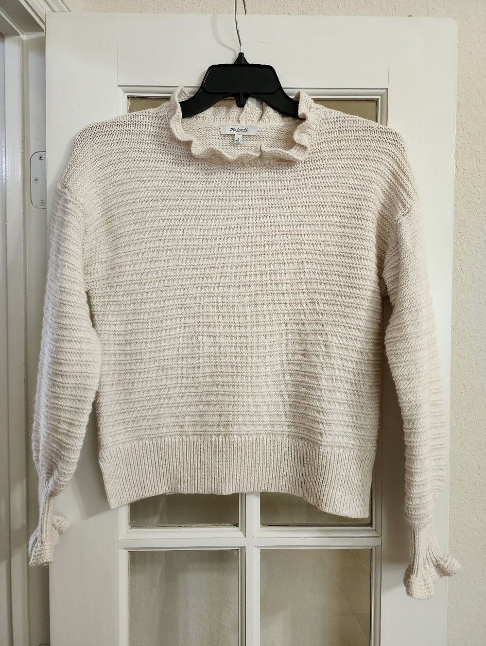 Madewell Ruffle Neck Crop Sweater Cream Knit Merino Blend Size M